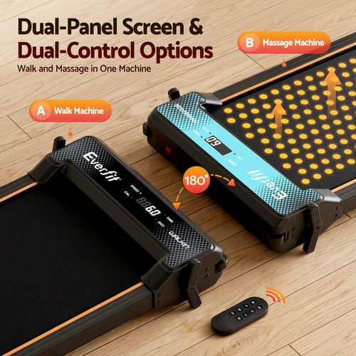 Walking Pad Treadmill with dual-panel screen and dual-control options for walking and foot massage.