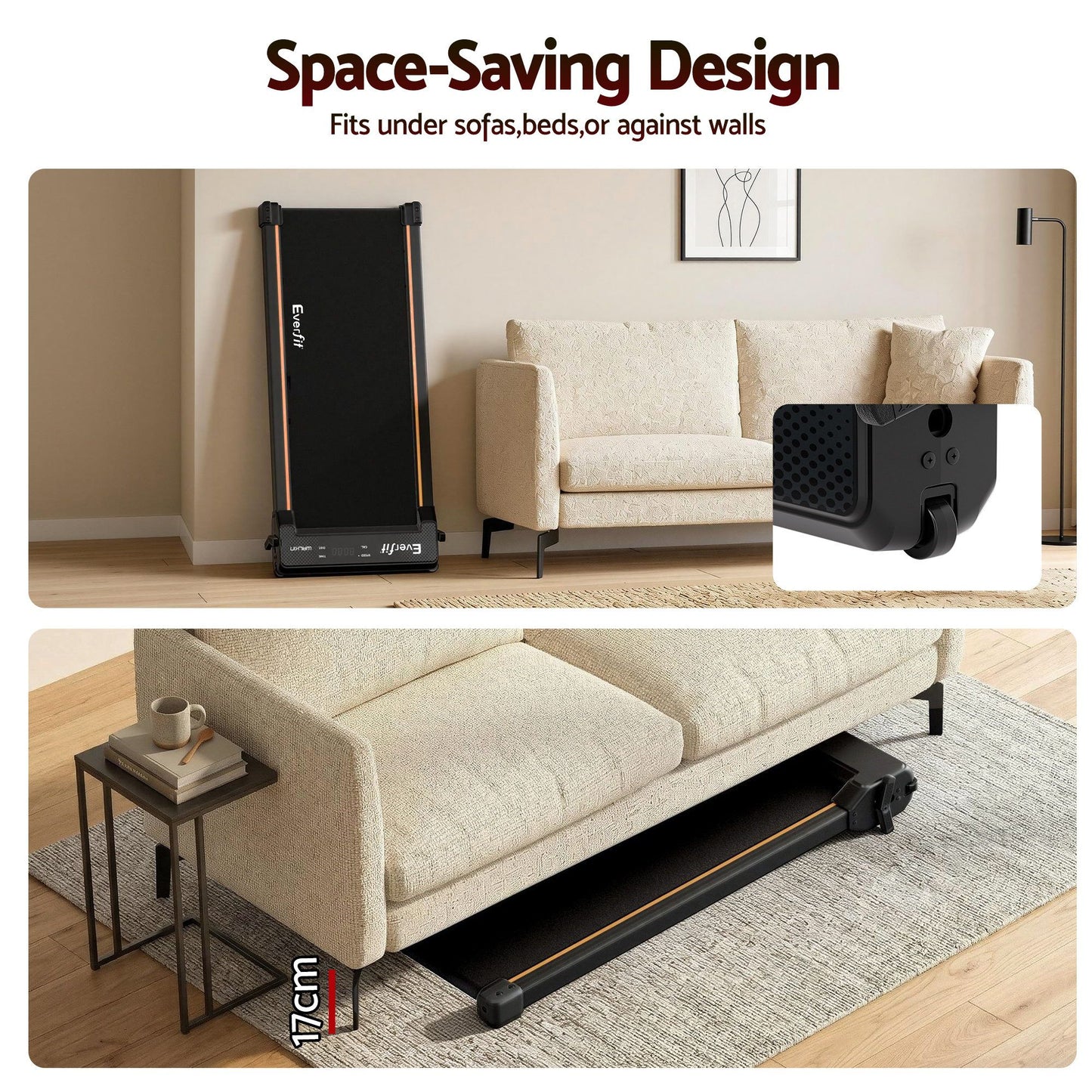 Walking Pad Treadmill in a space-saving design, fits under sofas, beds, or against walls, ideal for compact living.