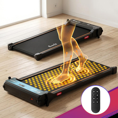 Walking Pad Treadmill showcasing foot massage feature with remote control on a wooden floor.