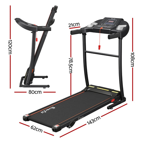 Home Treadmill Everfit Electric Folding Running Machine dimensions and features shown in image.