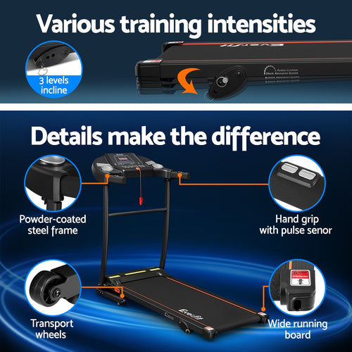 Home Treadmill with adjustable incline, wide running board, and pulse sensor for effective workouts.