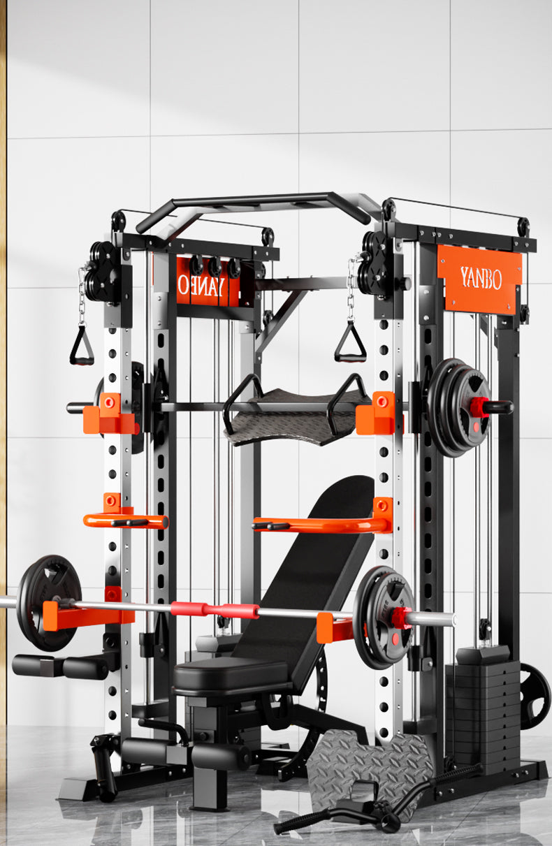 Smith Machine M1 Max Functional Trainer with weights and cable system, ideal for home gyms and strength training.