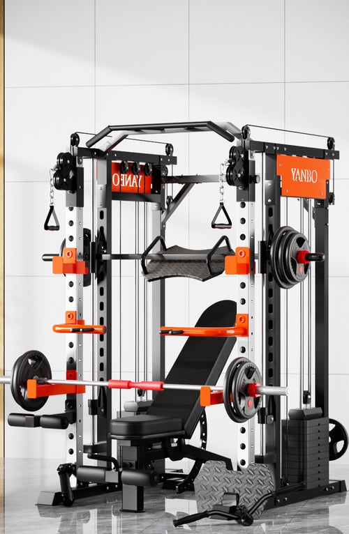 Smith Machine M1 Max Functional Trainer with weights and cable system, ideal for home gyms and strength training.