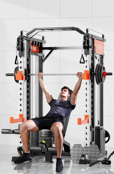 Smith Machine M1 Max with a user lifting weights during strength training workout in a stylish gym setting.