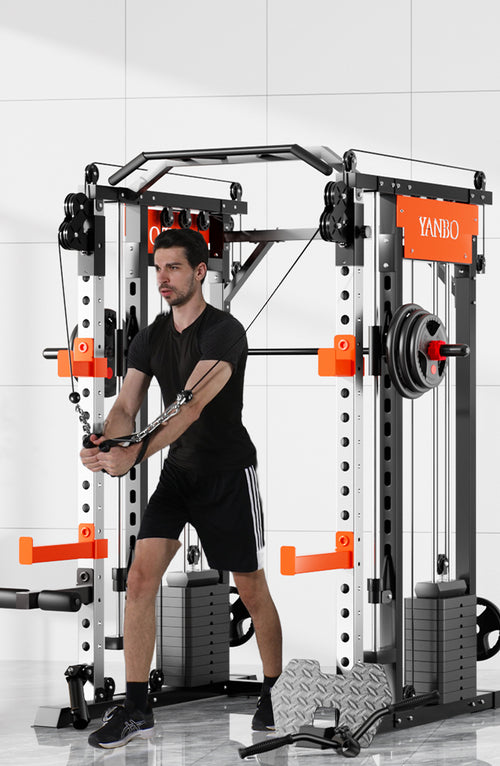 Man using Smith Machine for functional training in a modern gym setting.