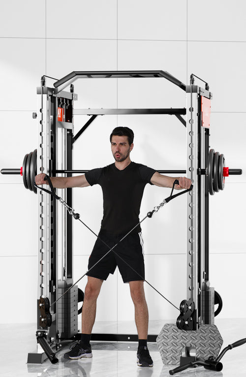 Man using Smith Machine M1 Max Functional Trainer for strength training in a modern gym setting.