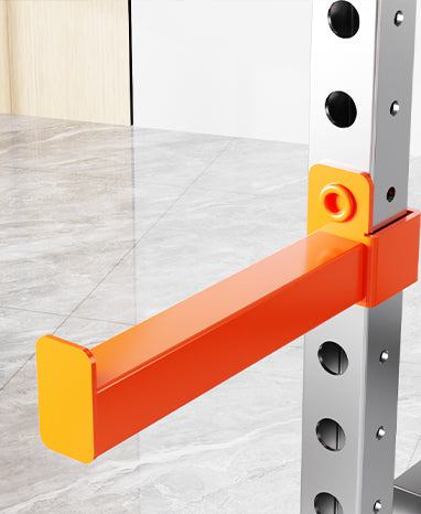 Close-up of the adjustable safety bar on the Smith Machine for secure weightlifting.