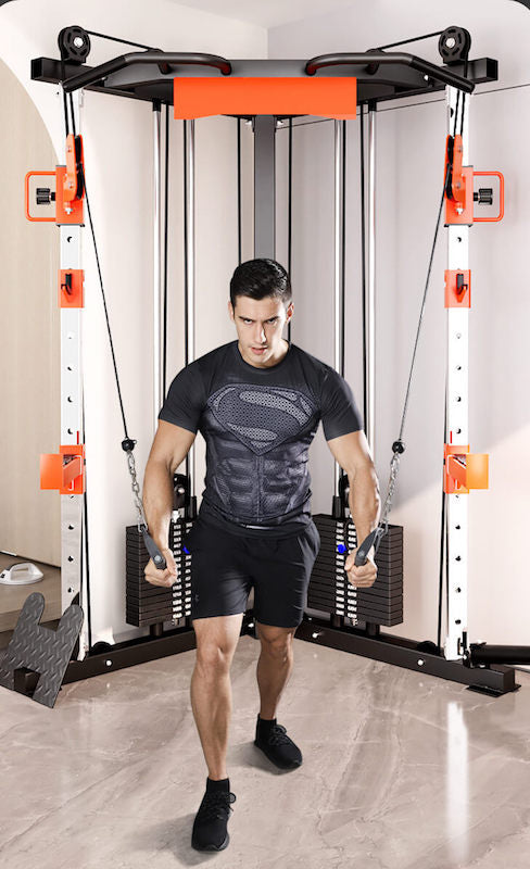 Man exercising on the Functional Trainer C1 Max Smith Machine 130kg Pin Loaded - SmartFit in a home gym.