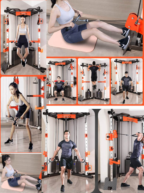 Functional Trainer C1 Max Smith Machine with users performing various exercises in a home gym setting.