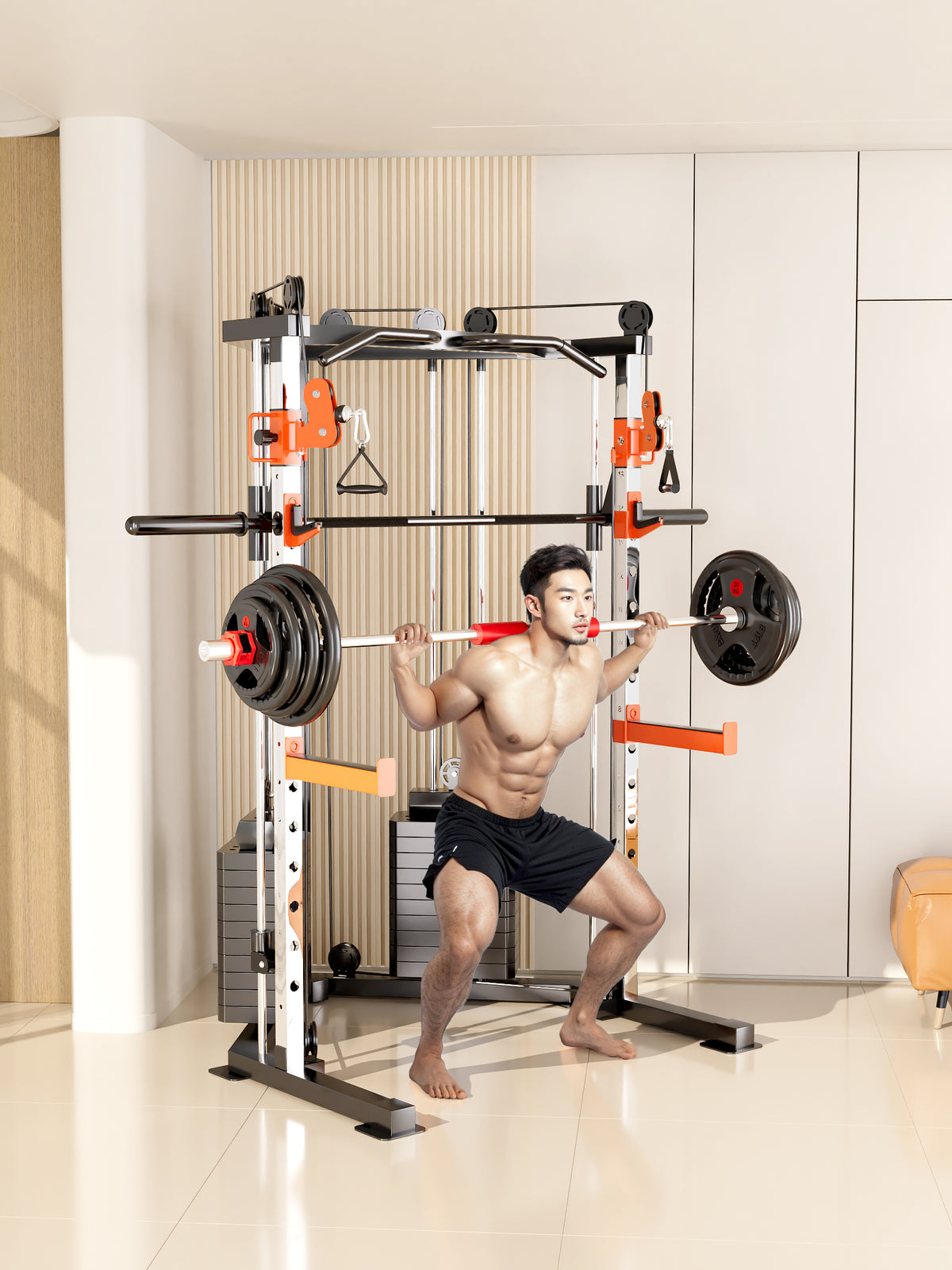 Individual performing squats with weights on the Smith Machine C3 Max Functional Trainer in a modern home gym.
