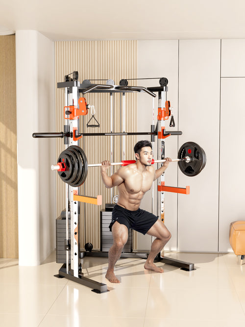 Individual performing squats with weights on the Smith Machine C3 Max Functional Trainer in a modern home gym.
