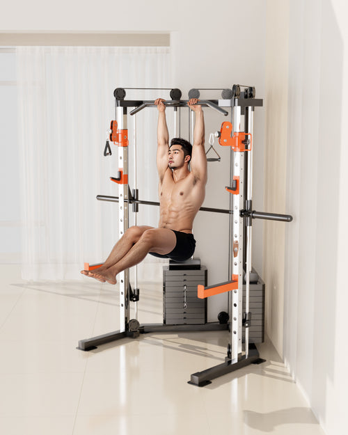 Smith Machine C3 Max Functional Trainer with a man performing chin-ups in a modern home gym setting.