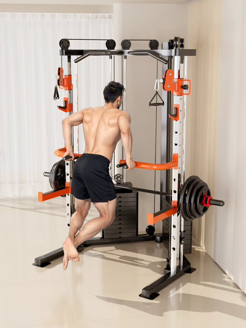 User performing dips on Smith Machine C3 Max Functional Trainer in a bright home gym setting.
