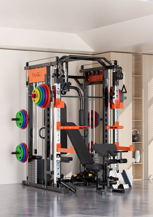 Smith Machine M1 Ultra Functional Trainer with weights for home gym training.
