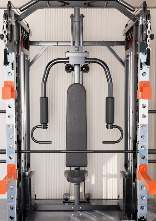 Smith Machine M1 Ultra Functional Trainer with integrated chest fly station for home gym workouts.