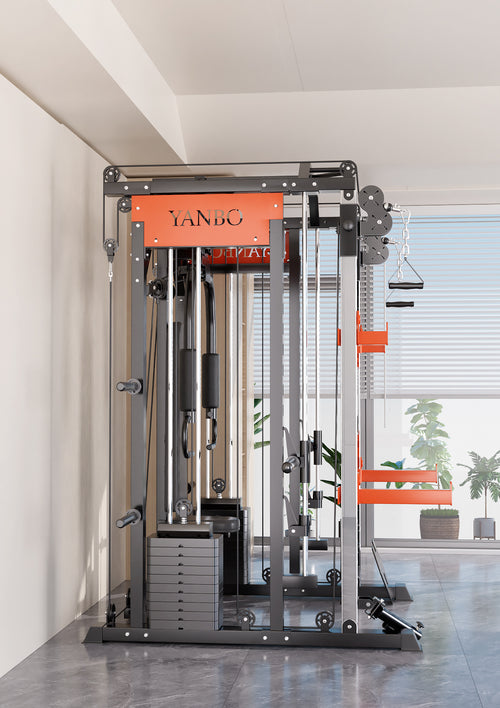 Smith Machine M1 Ultra Functional Trainer home gym with cable crossover and various workout stations.
