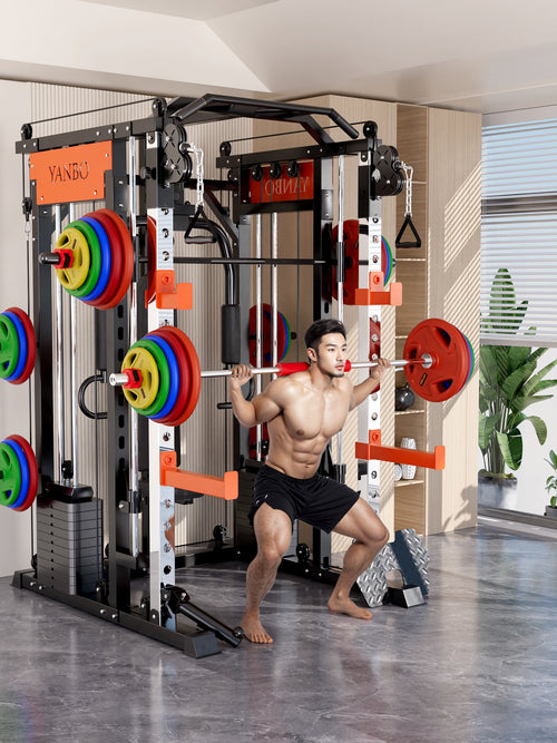 Man using Smith Machine M1 Ultra Functional Trainer with colorful weights in a modern gym setting.