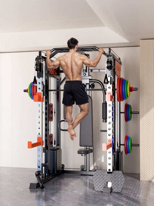 A man using the Smith Machine for pull-ups at home, demonstrating the versatility of the Smith Machine M1 Ultra.