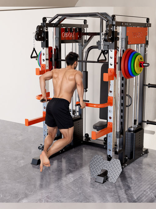 Man using the Smith Machine M1 Ultra Functional Trainer in a home gym setup with weights and cables.