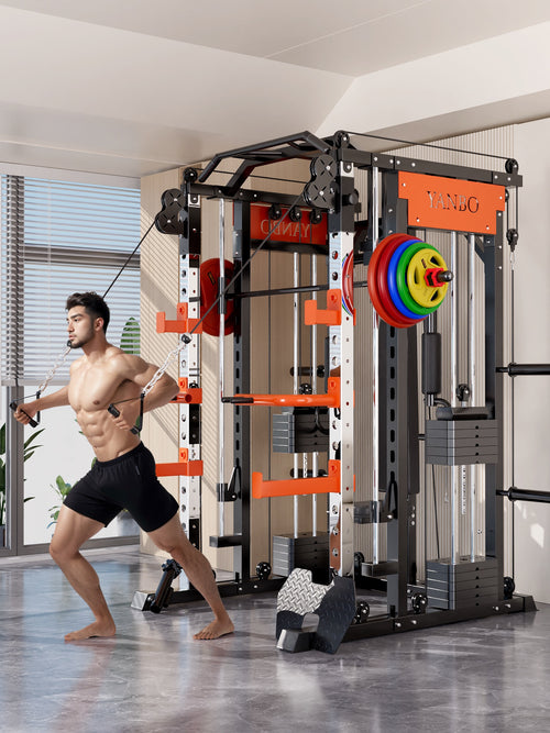 Man exercising on a Smith Machine M1 Ultra Functional Trainer in a modern home gym.