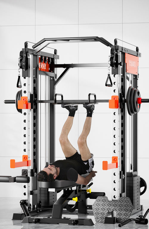 Home Gym Package M1 Max Smith Machine in use with adjustable bench and weights for strength training.