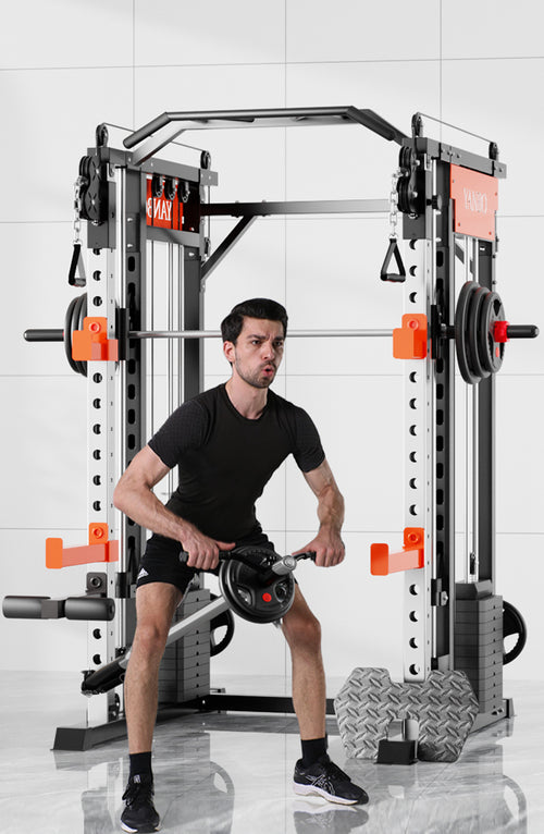 Home Gym Package M1 Max Smith Machine with a user performing an exercise, showcasing strength training equipment.