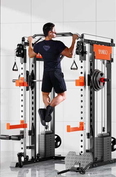 Home Gym Package M1 Max Smith Machine 140kg Pin Loaded in use with a user performing pull-ups.
