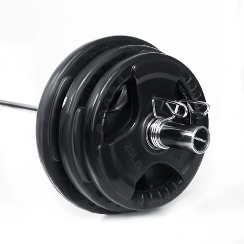 Functional Trainer barbell with weights, showcasing a 25 lb weight plate designed for strength training.