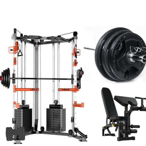 Functional Trainer C1 Max Cable Crossover Home Gym Package with weights and bench for strength training.