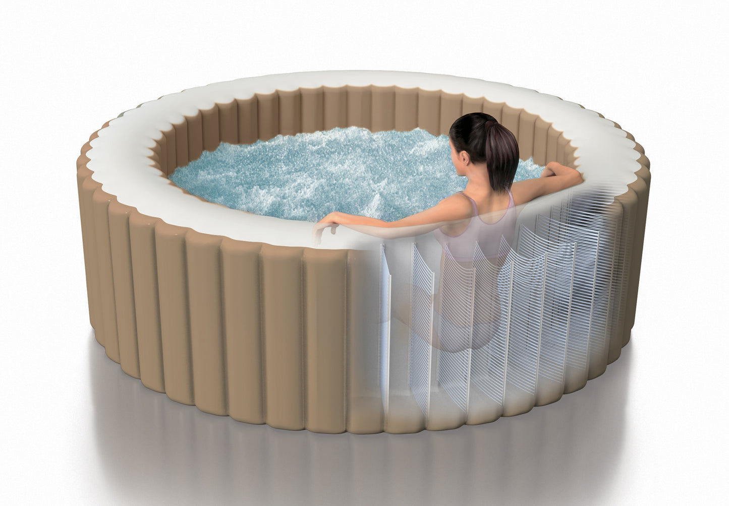 A woman relaxing in an Inflatable Spa Bubble Massage 6 person hot tub with bubbling water.