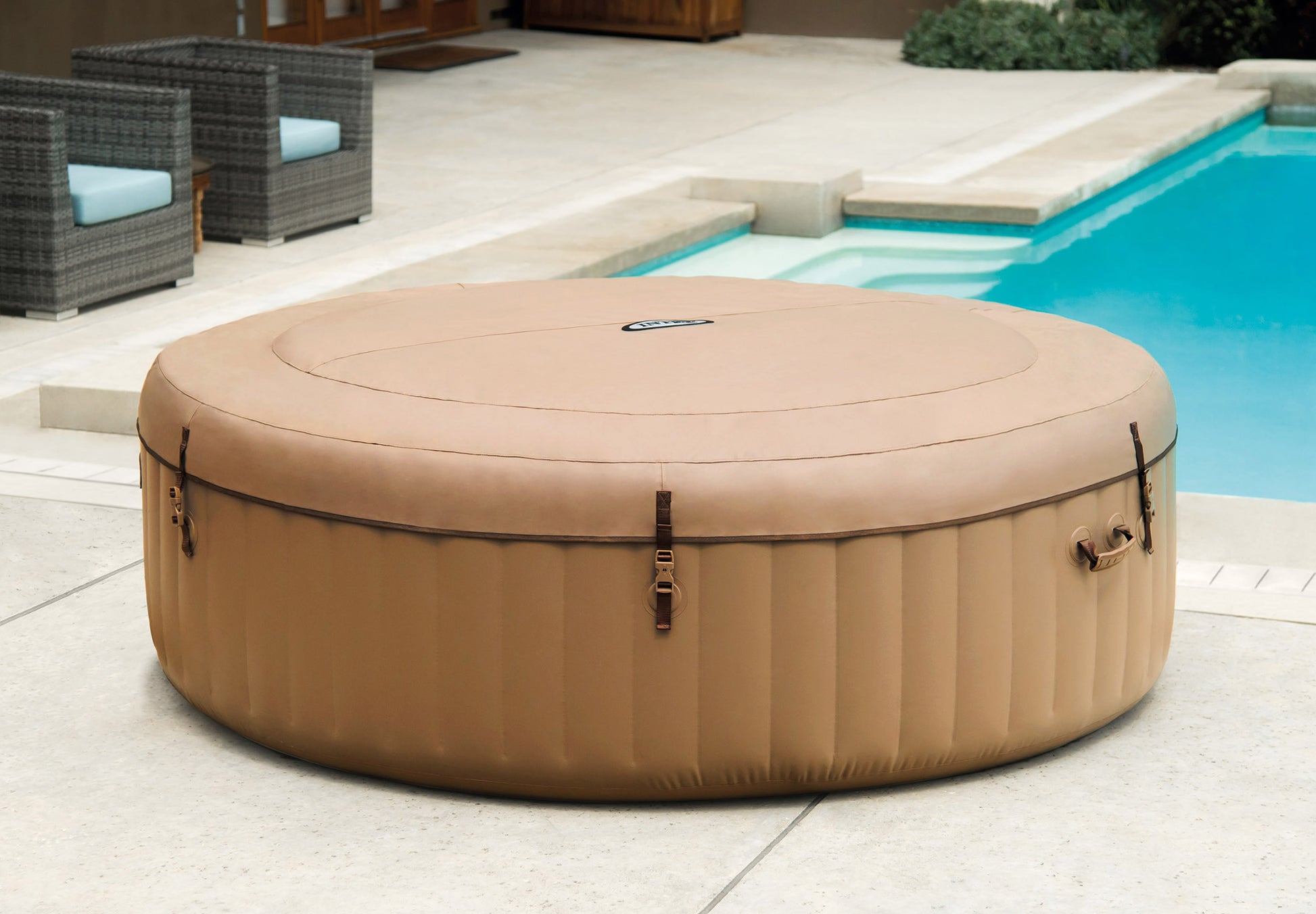 Inflatable Spa Bubble Massage for 6 person hot tub in a relaxing outdoor setting by the pool.