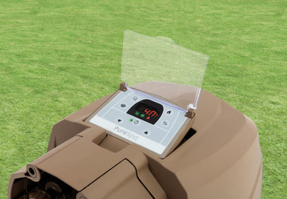 Control panel of an Inflatable Spa showing temperature settings on a sunny day.