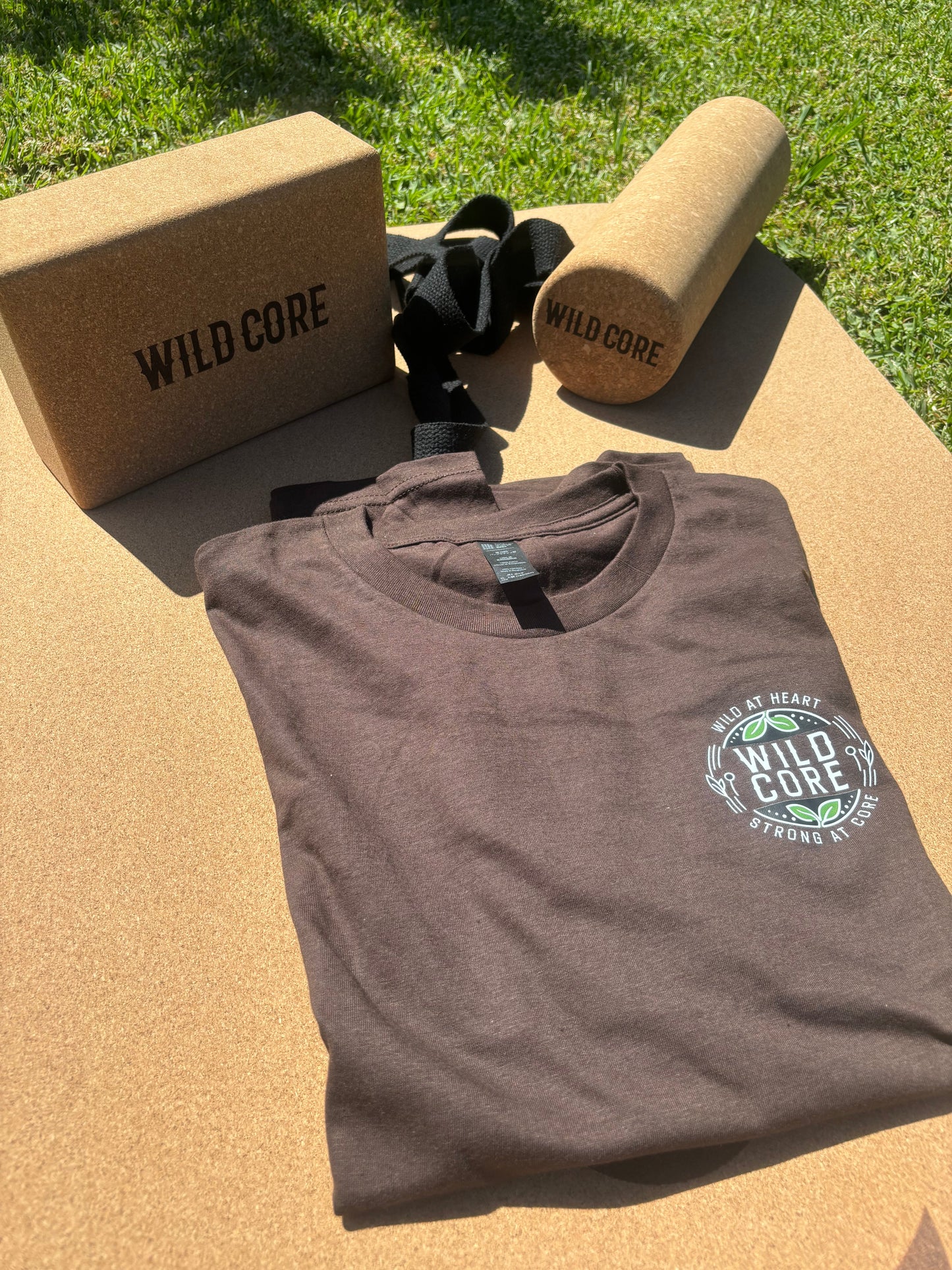 Wild Core cork yoga set with mat, roller, block, and t-shirt