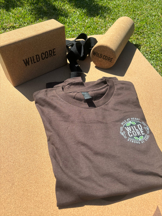 Wild Core cork yoga set with mat, roller, block, and t-shirt