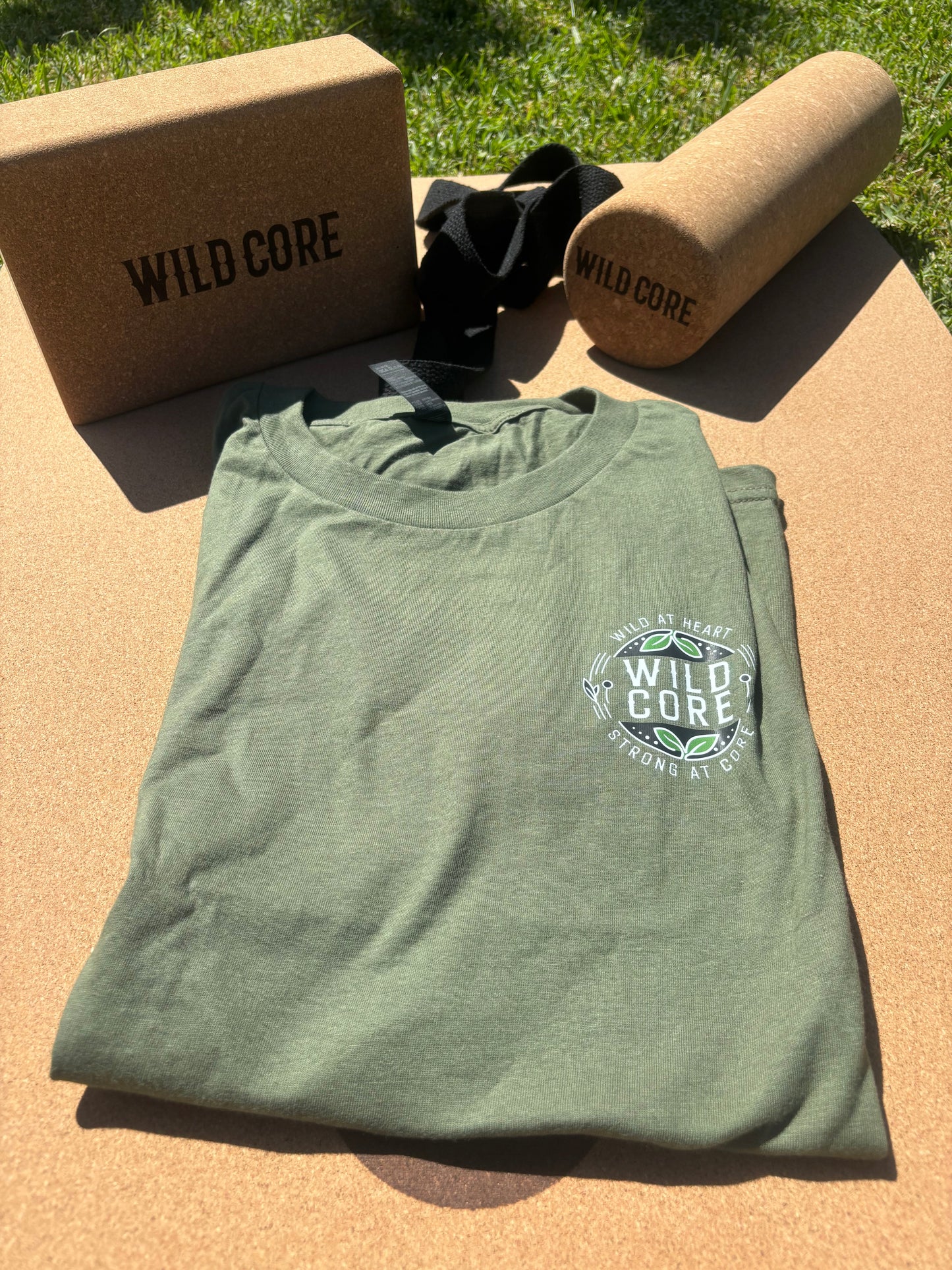 Wild Core cork yoga set with mat, roller, block, and t-shirt