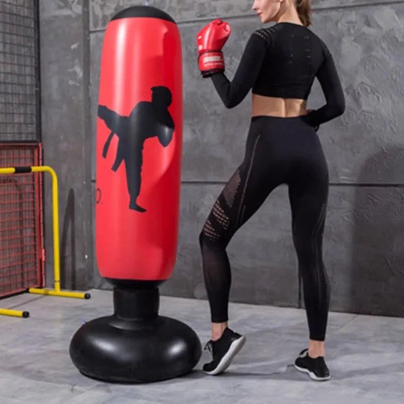 Inflatable Boxing Bag for kids and adults, 160cm tall, featuring a person practicing kickboxing at home.
