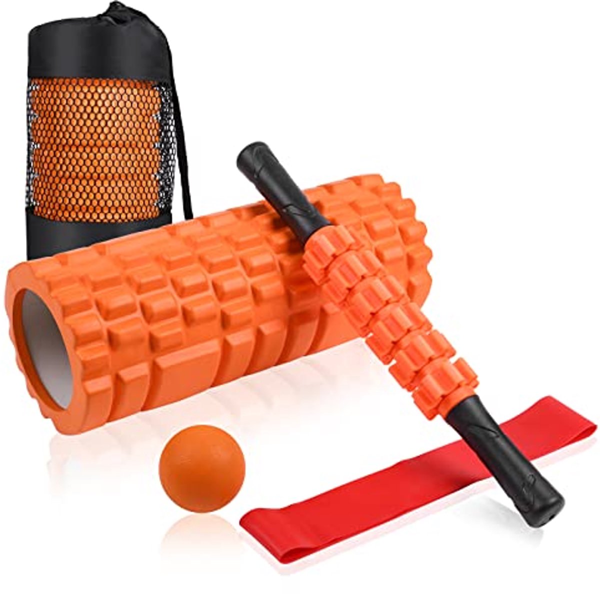 Foam roller set 4 in 1 muscle recovery kit with hollow foam roller, yoga stick, massage ball, and bag.