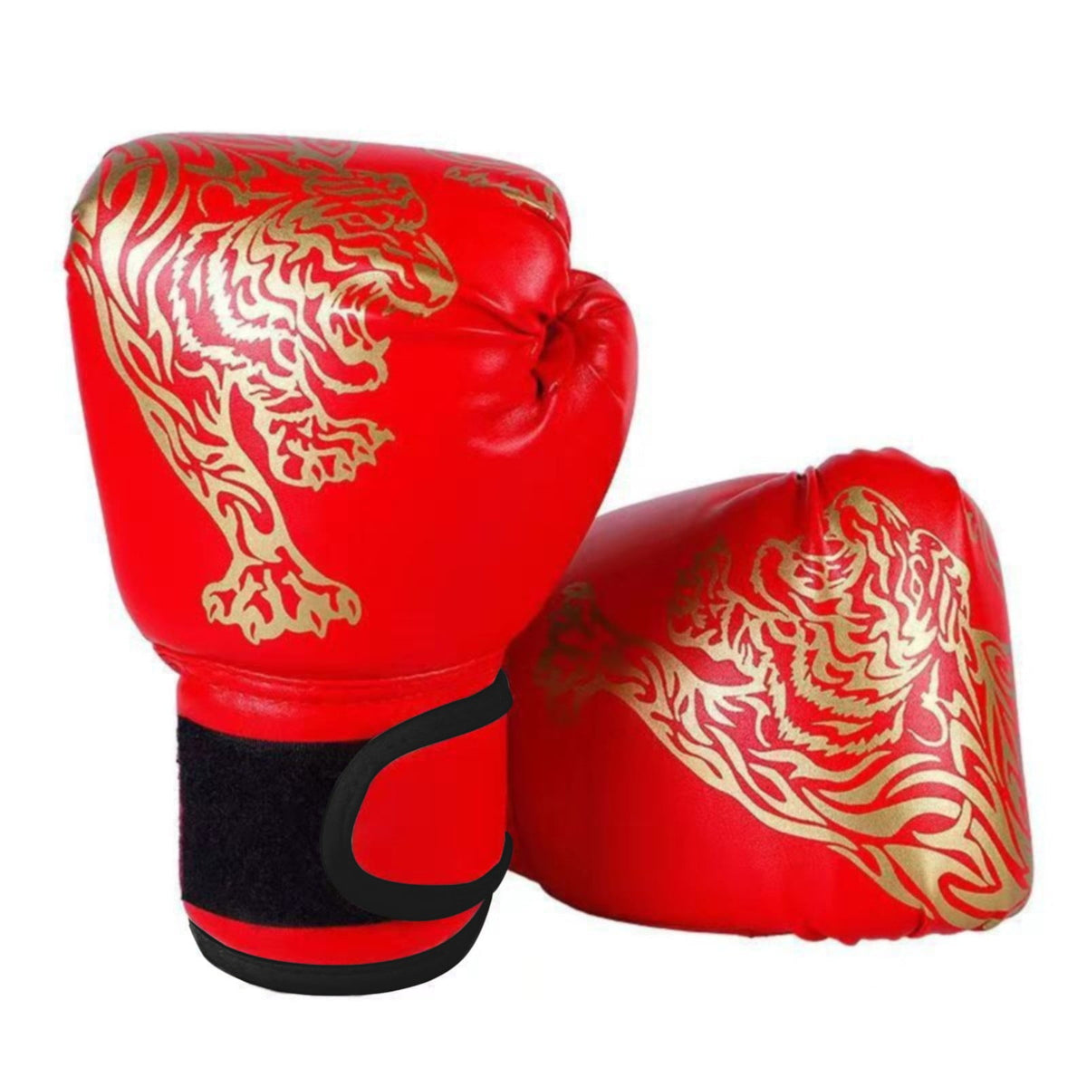 Boxing Gloves in red with gold tiger design, perfect for sparring and training.