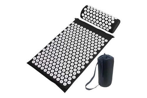 Acupressure mat and pillow set featuring over 6000 acupressure points for relaxation and tension relief.