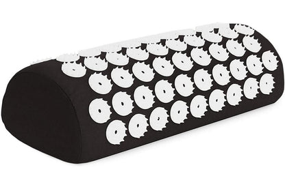 Acupressure mat and pillow set showing a black acupressure pillow with numerous pressure point spikes.