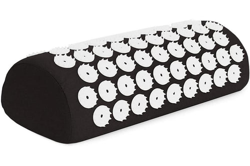 Acupressure mat and pillow set showing a black acupressure pillow with numerous pressure point spikes.