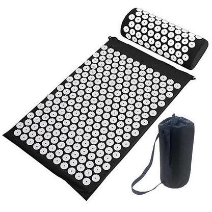 acupressure mat and pillow set featuring hundreds of acupressure points for body relaxation and tension relief.