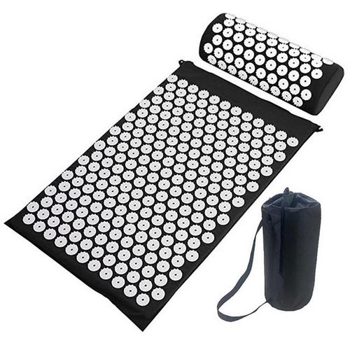 acupressure mat and pillow set featuring hundreds of acupressure points for body relaxation and tension relief.