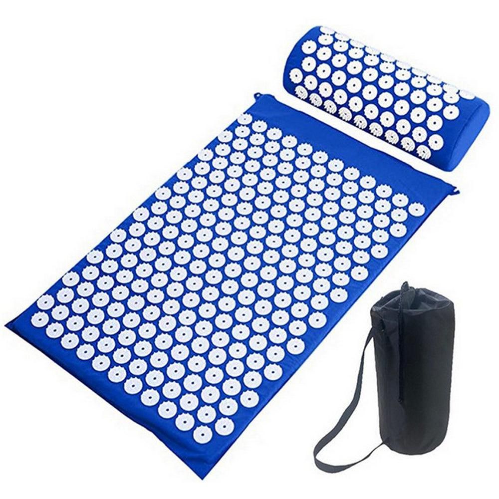acupressure mat and pillow set with blue fabric and white acupressure points, includes carrying bag