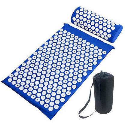 acupressure mat and pillow set with blue fabric and white acupressure points, includes carrying bag