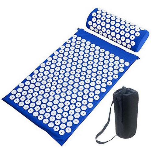 acupressure mat and pillow set with blue fabric and white acupressure points, includes carrying bag