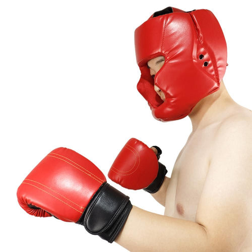 Head Gear for adults boxing or MMA in red color, featuring protective face coverage and boxing gloves.