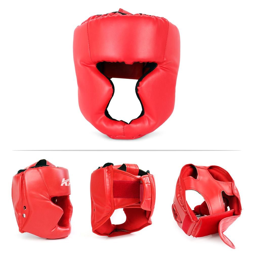Head Gear for adults in red, showcasing multiple angles of the boxing headgear with foam padding and PU leather material.