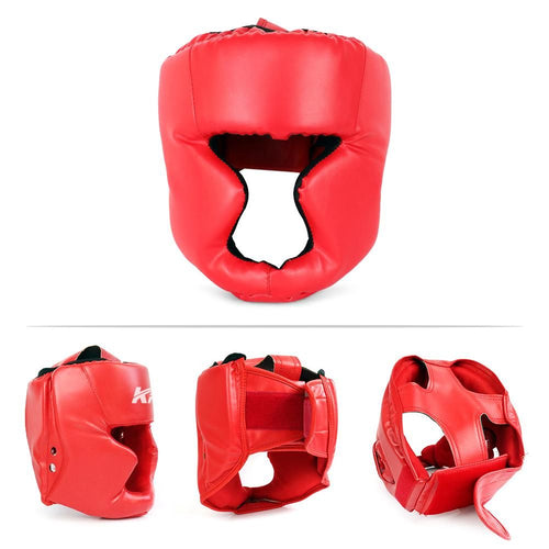 Head Gear for adults in red, showcasing multiple angles of the boxing headgear with foam padding and PU leather material.