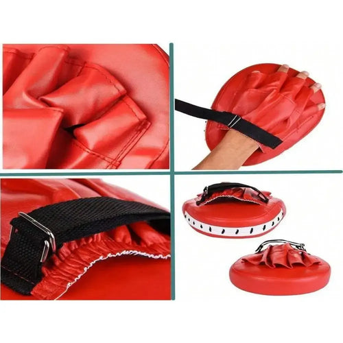 Red boxing target training pad for martial arts practice, showcasing different angles and features.